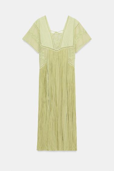 ROBE PLISSÉE BRODERIES ZW COLLECTION - Vert pistache de Zara - Image 3