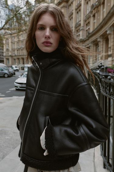 ZARA フェイクレザジャケット 黒 ZARA フェイクレザー ボア襟 ブルゾン 