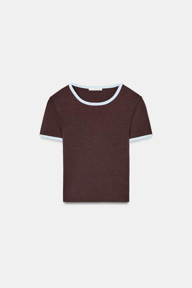 CONTRAST TRIM T-SHIRT - Brown by Zara
