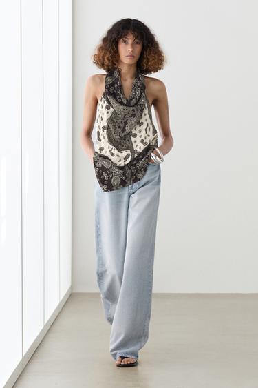 Zara Flowing printed halter top - White / Navy - Image 0