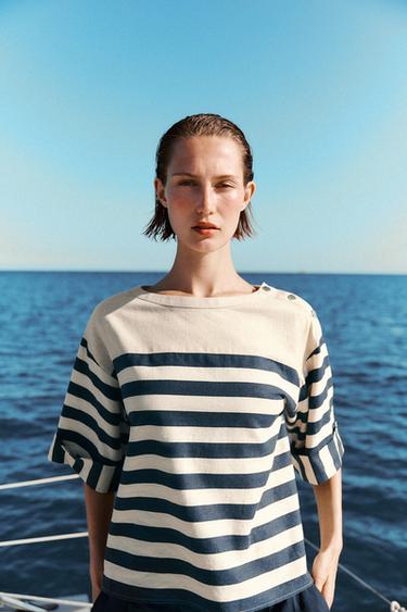 Zara STRIPED LINEN SHIRT - Navys / Ecru