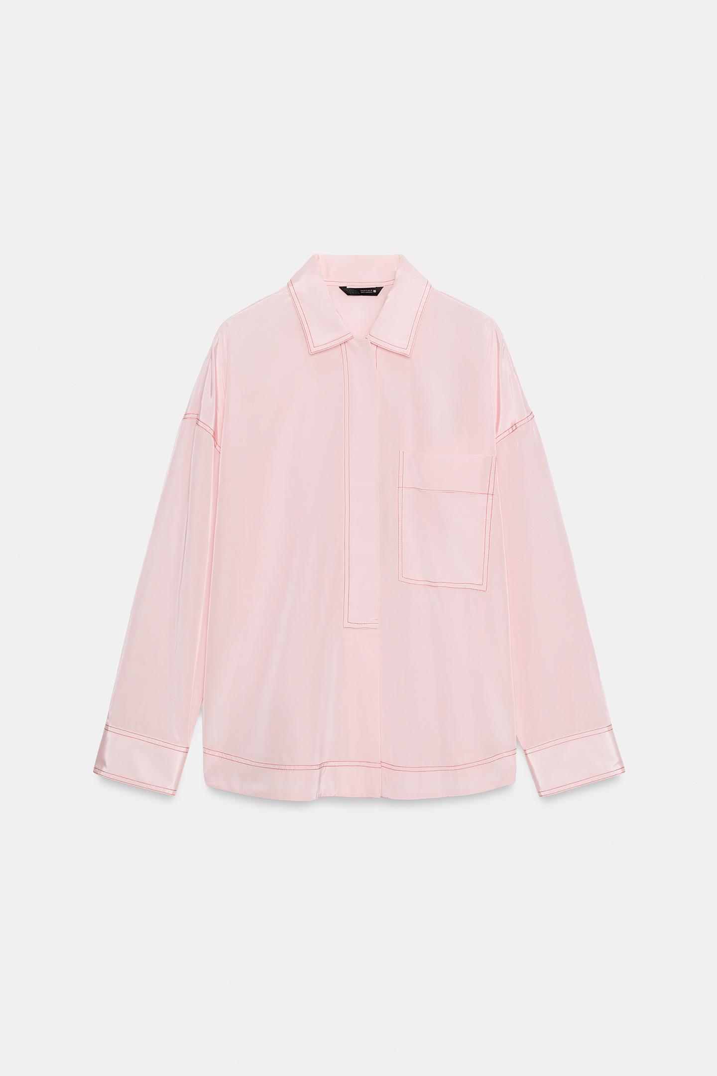 Женская рубашка Zara Contrast Topstitch, цвет: Розовый — фото 7