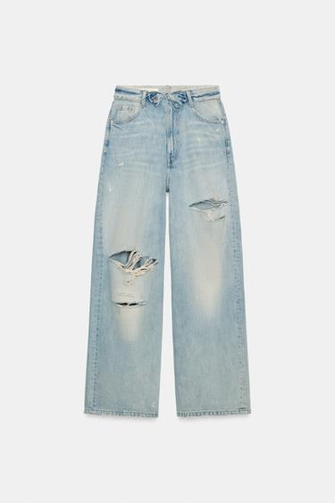 TRF FOLDED WAIST MID-WAIST JEANS - Light blue by Zara