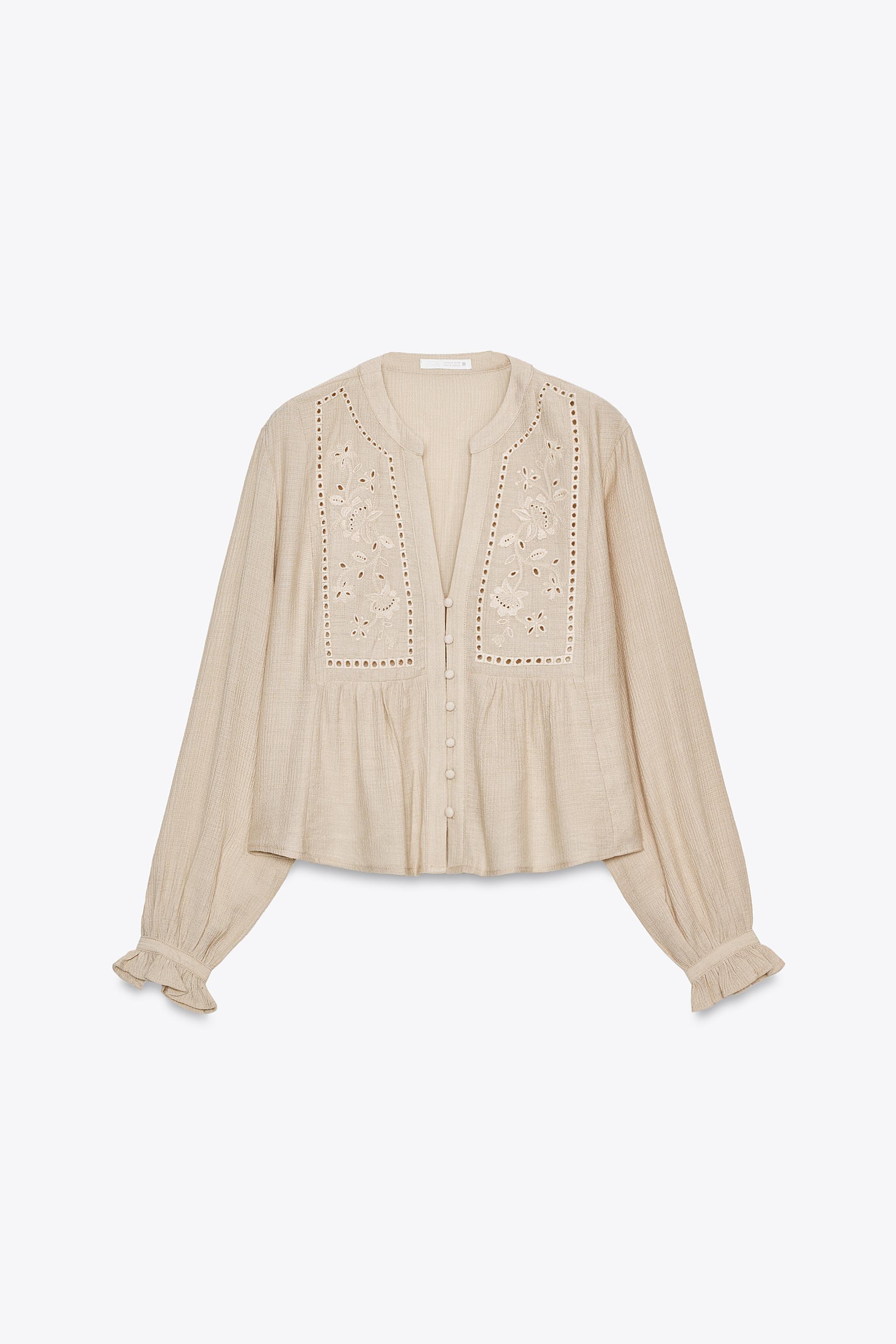 Blouses And Tops Blusa De Encaje Bordado ZARA Color Caqui 100