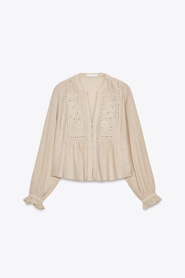 Zara SHORT EMBROIDERED EYELET BLOUSE - Sand