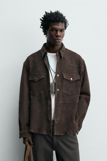 REGULAR FIT OVERSHIRT AUS WILDLEDER - Dunkelbraun von Zara