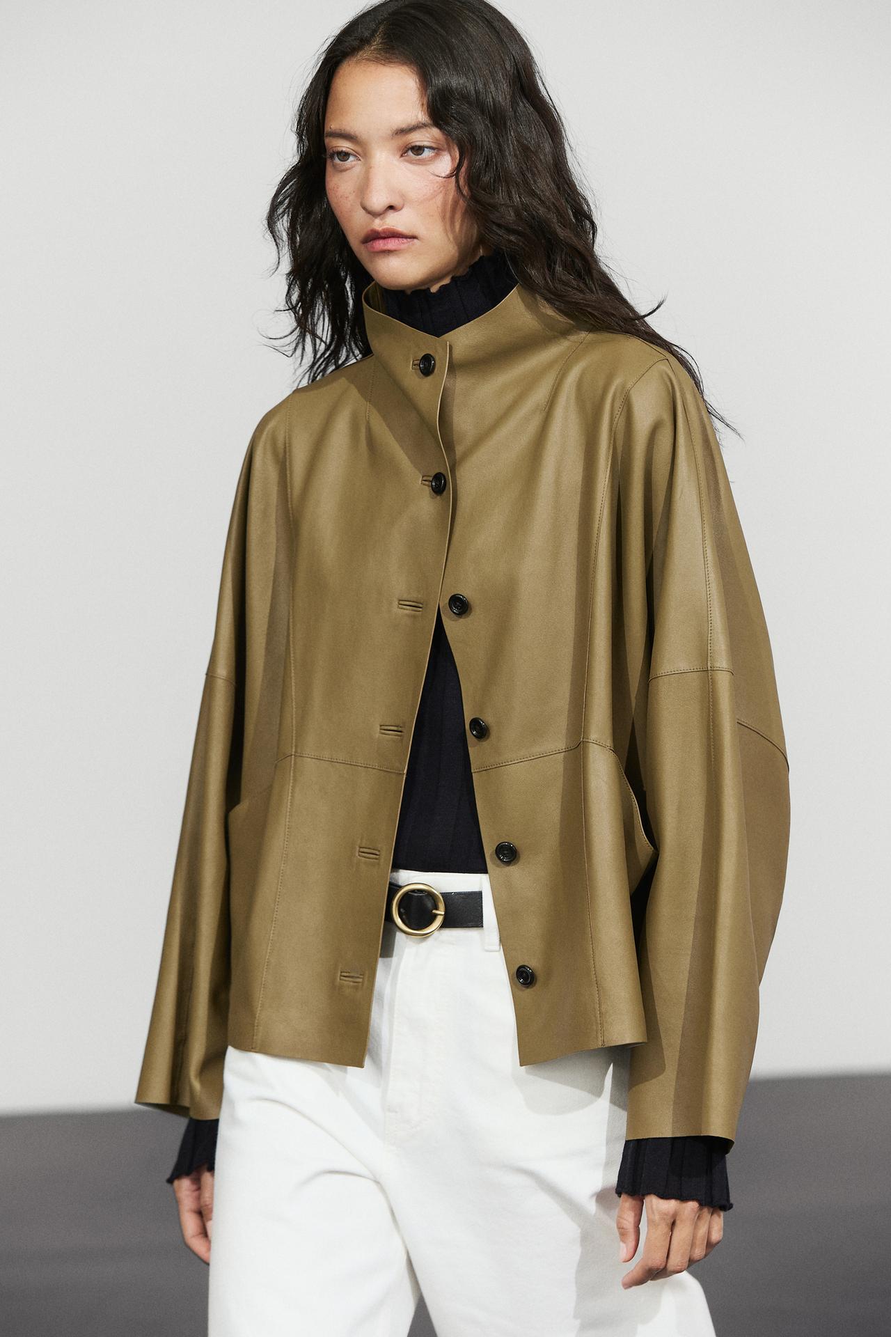 Stand collar nappa leather cropped jacket — Khaki