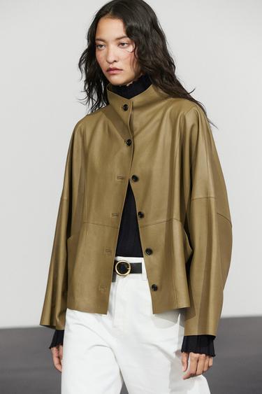 Stand collar nappa leather cropped jacket — Khaki 2