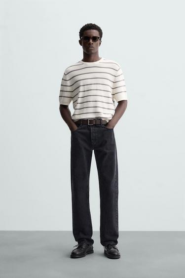 Zara STRIPED KNIT T-SHIRT - Gray / Natural - Image 0