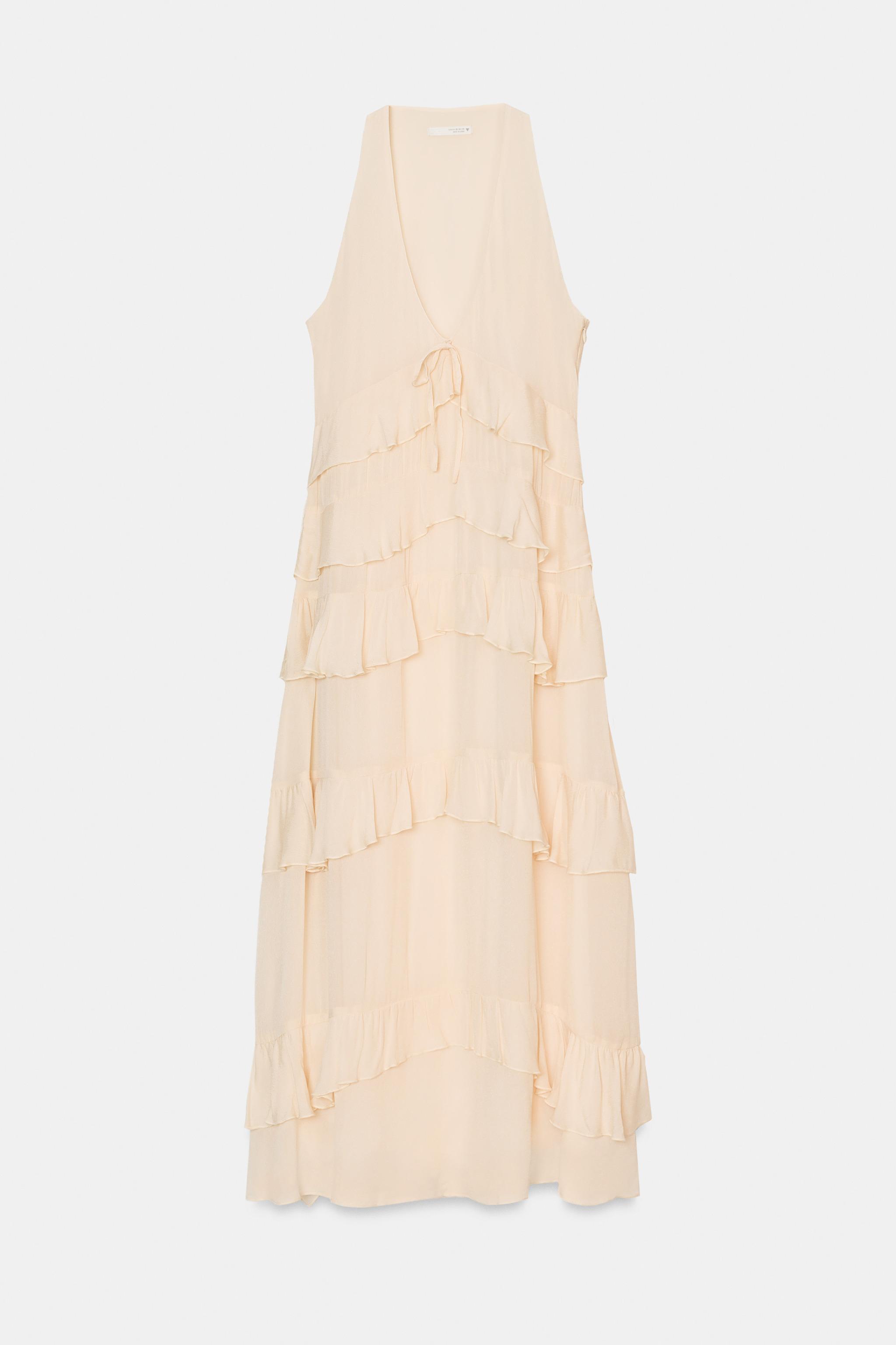 white dress off shoulder ruffle Off-Shoulder Ruffle-Trim Gown in Ivory - 4