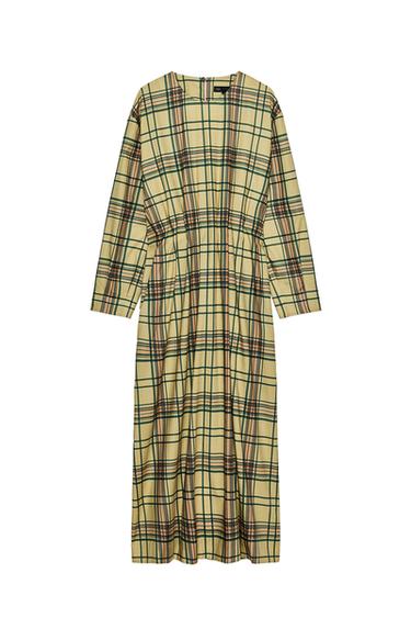 Front view of a multicolored plaid midi dress with a round neck, long sleeves, waist pleats, and a back button closure.