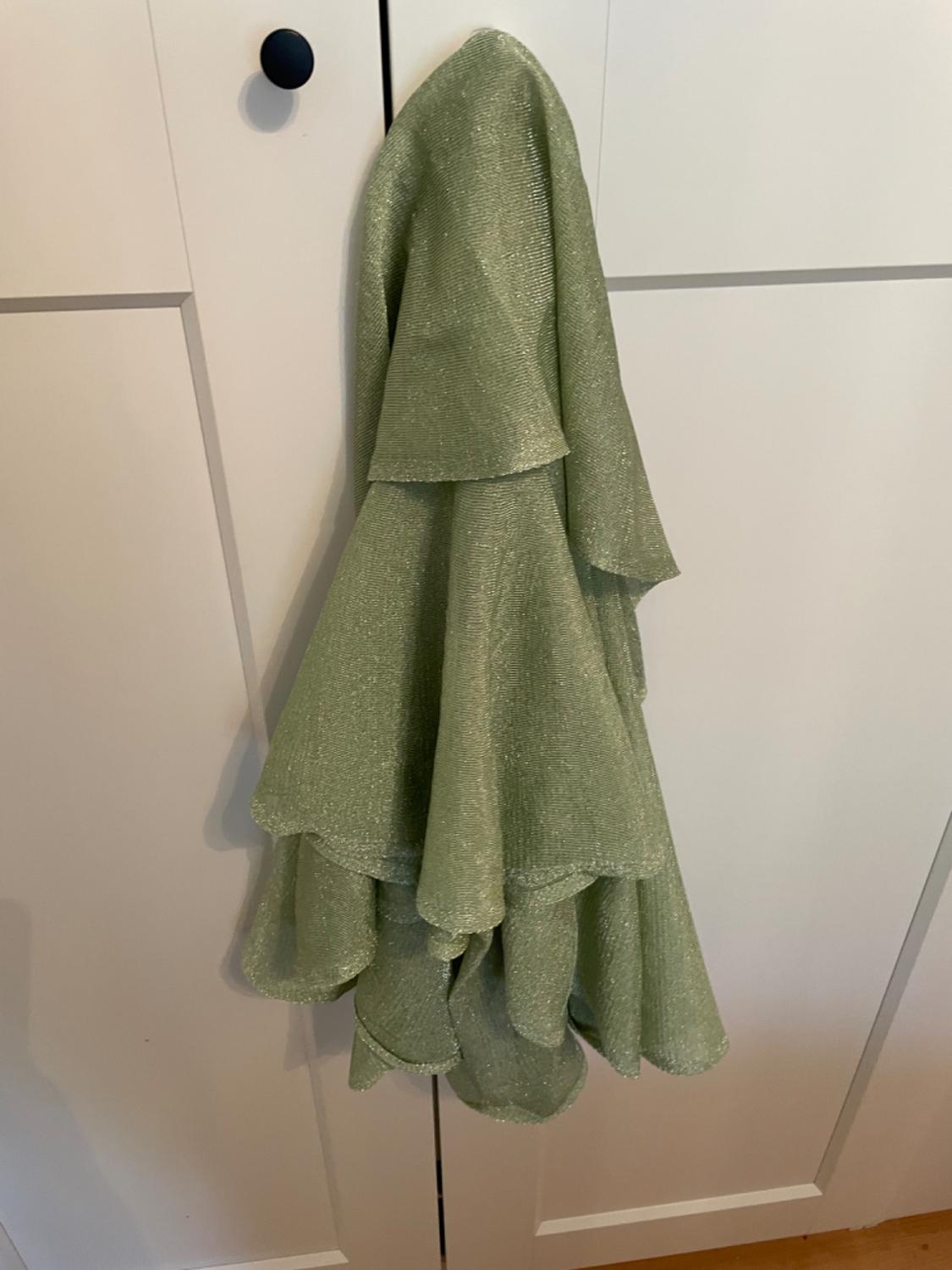 Green, shimmering fabric hanging from a black hook on a white wardrobe door, with visible wavy folds at the bottom.