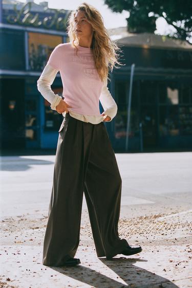 Zara PINSTRIPE PANTS WITH PLEATS AND FLAPS - Taupe gray