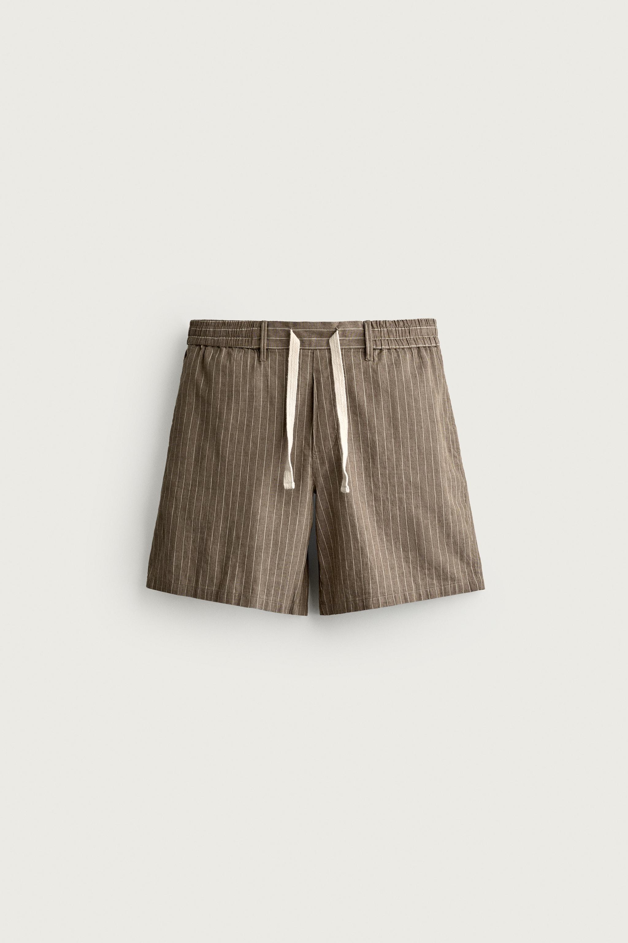 COTTON-LINEN RELAXED FIT SHORTS — Brown / Ecru