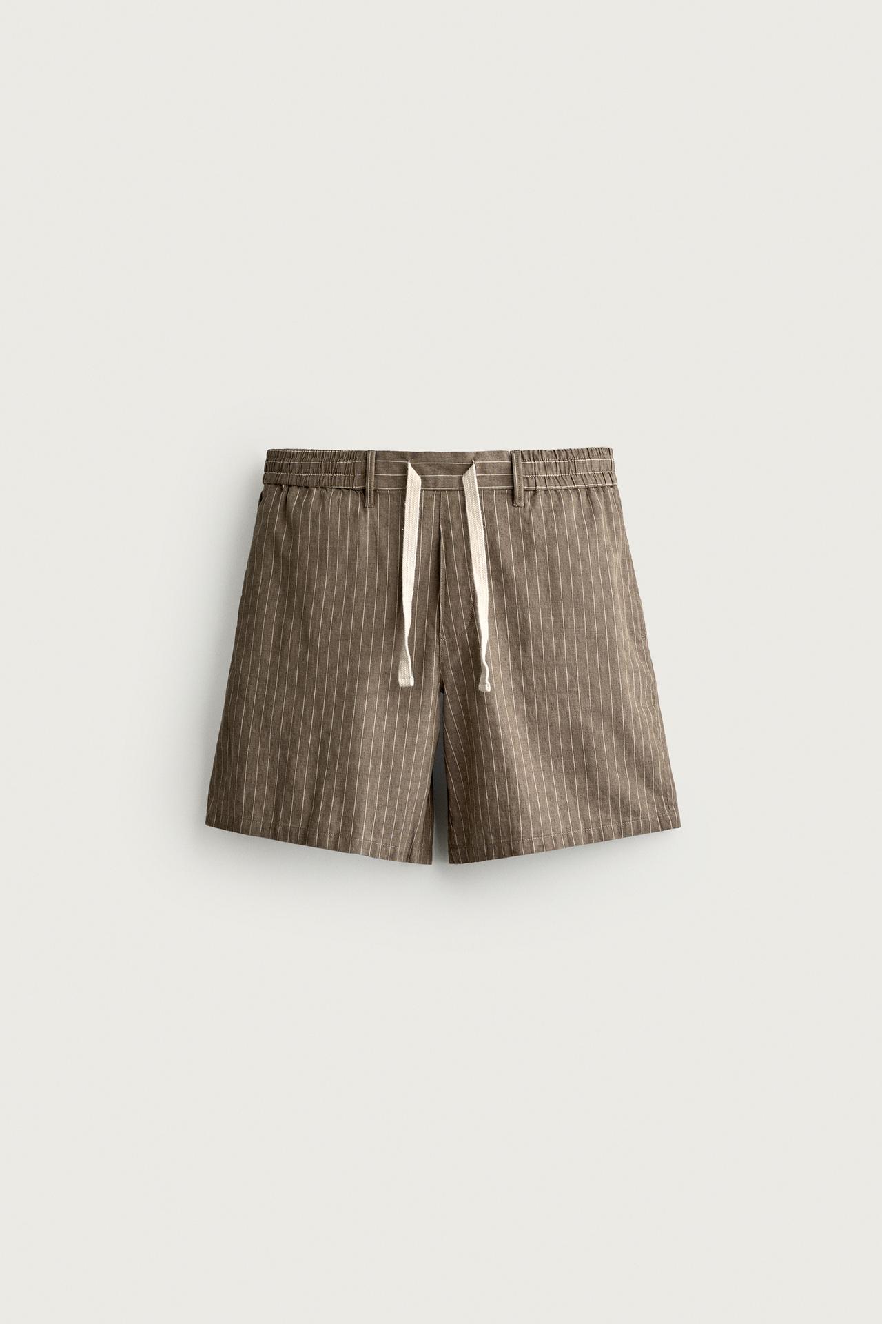 COTTON-LINEN RELAXED FIT SHORTS — Brown / Ecru