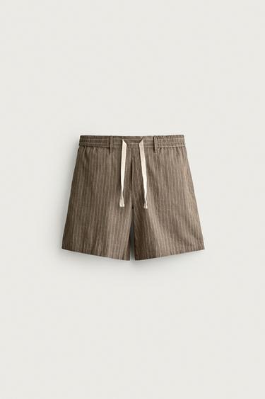 COTTON/LINEN RELAXED FIT BERMUDA SHORTS - Brown / Ecru by Zara