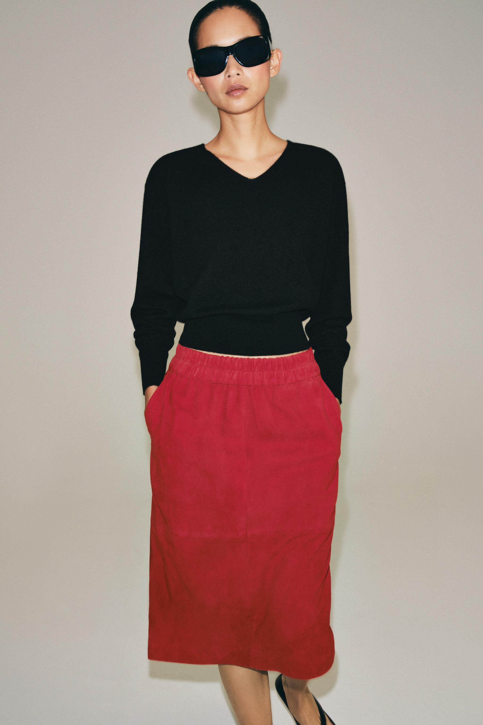 ZW COLLECTION 100% LEATHER MIDI SKIRT — Red