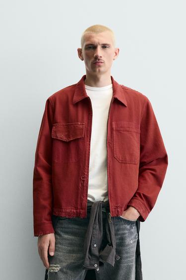 RIPPED-EFFECT CROPPED FIT JACKET - BURGANDY MARS by Zara