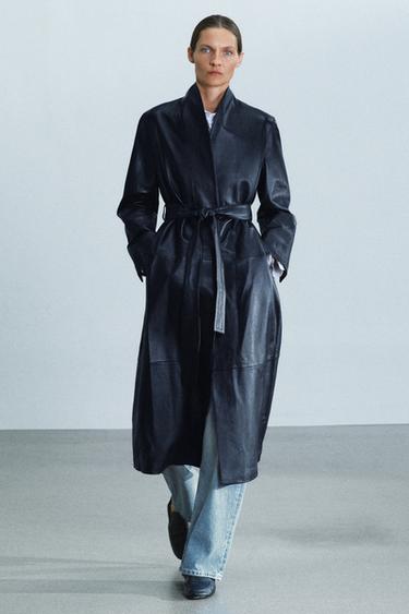 Zara ZW COLLECTION 100% LEATHER BELTED LONG COAT - Blue / Black - Image 0
