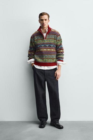 GEOMETRIC JACQUARD QUARTER-ZIP JUMPER - Red by Zara