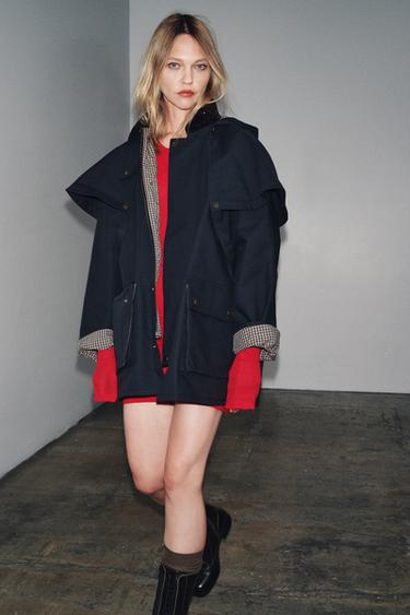 Zara CONTRAST COLLAR HOODED TRENCH ZW COLLECTION - Blue