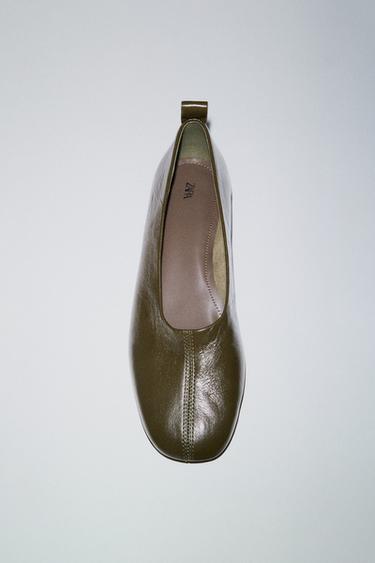 LOW-HEEL LEATHER BALLERINAS - Khaki Green by Zara