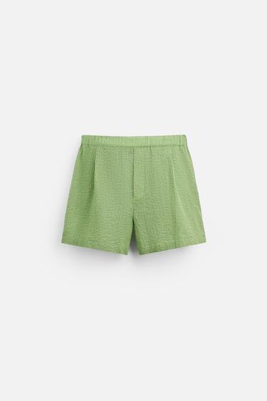 Zara PLAID TEXTURED SHORTS - Light green
