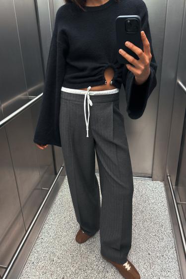 WIDE-LEG TROUSERS WITH DOUBLE WAISTBAND - Anthracite Grey by Zara