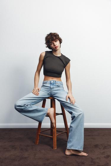 Zara COTTON MODAL CROP T-SHIRT - Dark brown - Image 0