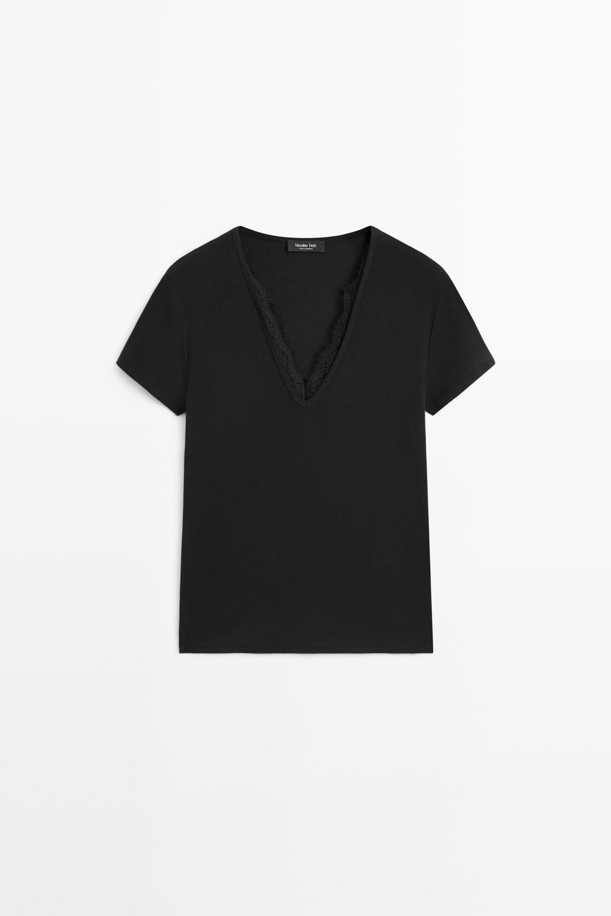 Lace-detail V-neck T-shirt - Black | ZARA United States