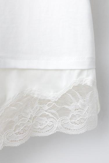 T-SHIRT EN MATIÈRES VARIÉES AVEC DENTELLE - Blanc de Zara - Image 3