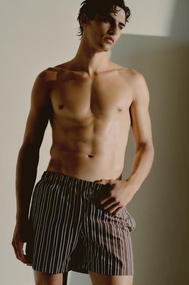 Zara STRIPED MID-LENGTH SWIMSUIT - Maroon