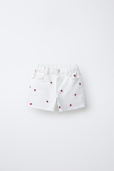 Zara CASA LAWA x ZARA KIDS 草莓刺繡 MOM FIT 斜紋布百慕達短褲 - 裸色