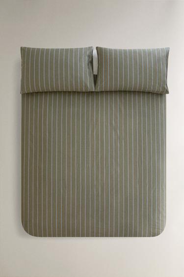 FUNDA NÓRDICA ALGODÓN PERCAL RAYAS (300 HILOS) - Verde de Zara - Imagen 0