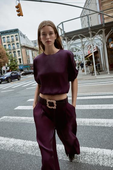 Zara SATIN WIDE LEG BELTED PANTS - Eggplant - Image 0
