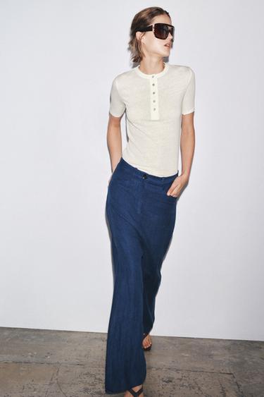 Zara BUTTONED LINEN T-SHIRT - Ecru