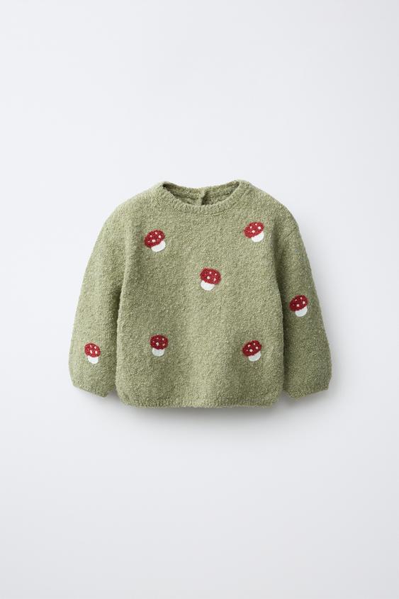 EMBROIDERED MUSHROOM KNIT JUMPER - Mid-green by Zara - Image 0