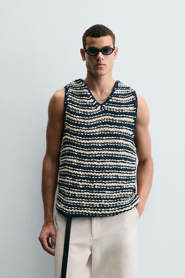 STRIPED COTTON BLEND VEST - Blue/White by Zara