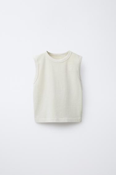 Zara GARMENT DYE EMBROIDERED SLEEVELESS T-SHIRT - Ecru