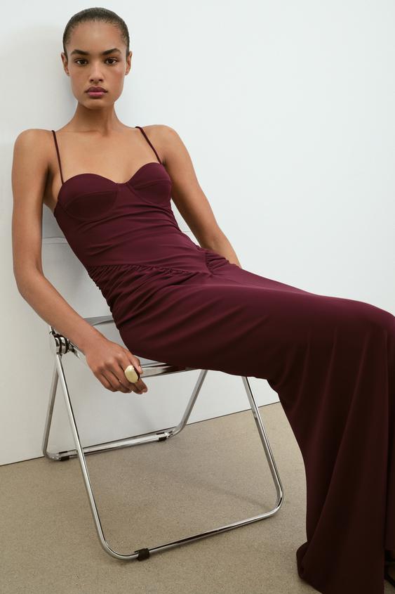 zara burgundy dress ZARA NWT WOMAN SS25 GODETS MIDI DRESS ZW COLLECTION BURGUNDY 2648/952_S-XL