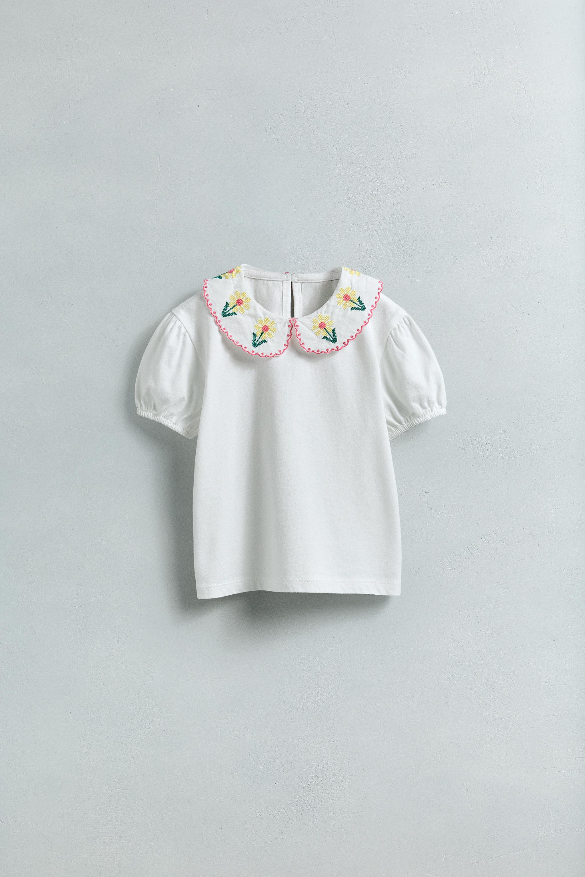 EMBROIDERED PETER PAN COLLAR T-SHIRT - Oyster-white | ZARA