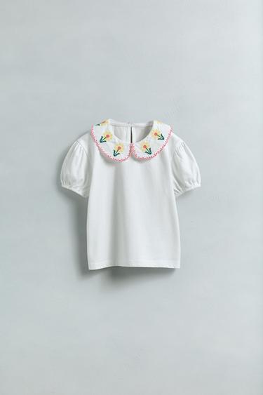 EMBROIDERED PETER PAN COLLAR T-SHIRT - Oyster-white by Zara