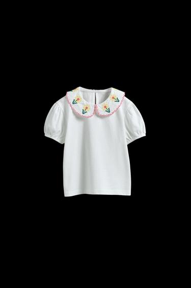 T-SHIRT MIT BESTICKTEM BUBIKRAGEN - Cremefarben von Zara