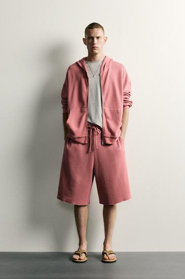 BERMUDA DE JOGGING LAVÉ EFFET WAFFLE - Rose de Zara