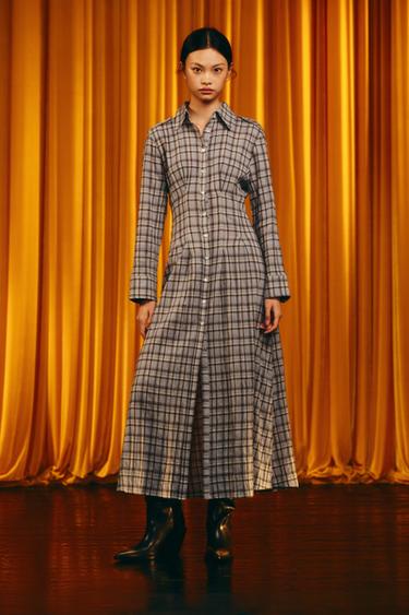 チェック柄シャツワンピースブラウンブルーZaraのチェック柄シャツワンピース - ブラウンブルー 