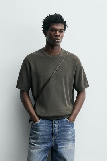 Zara PEARL KNIT T-SHIRT - Dark gray