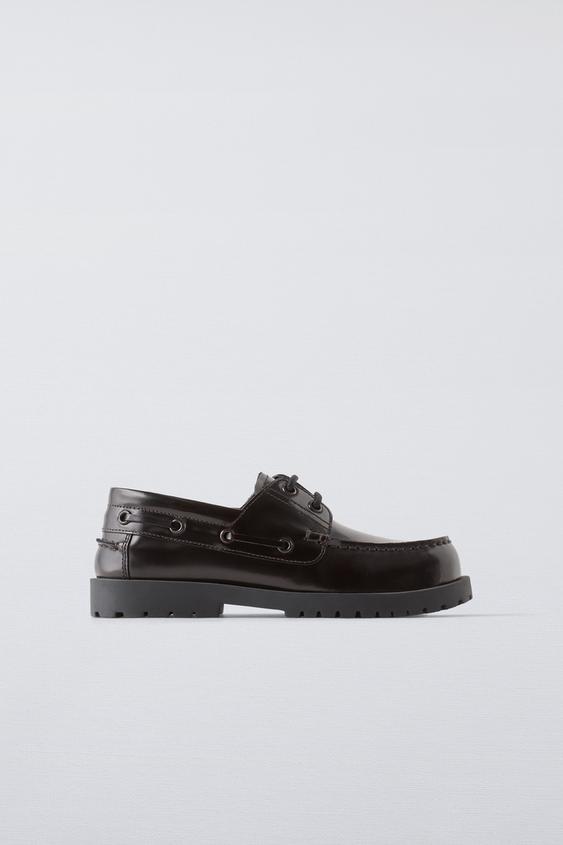 LEATHER LUG SOLE BOAT SHOES - Cognac Brown | ZARA Mexico