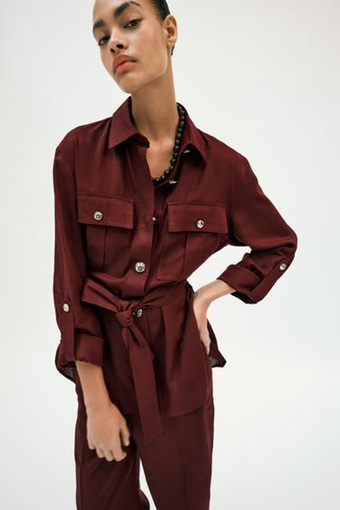 BELTED LINEN BLEND SAFARI JACKET - Burgundy by Zara