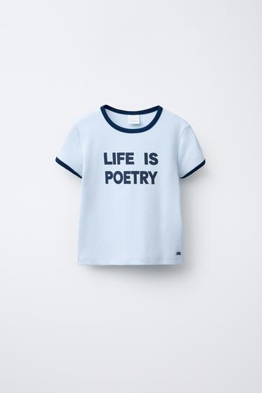 Zara CONTRAST TRIM TEXT T-SHIRT - Blue