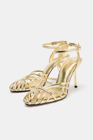 METALLIC HIGH-HEEL CAGE SANDALS - Gold by Zara - Image 3